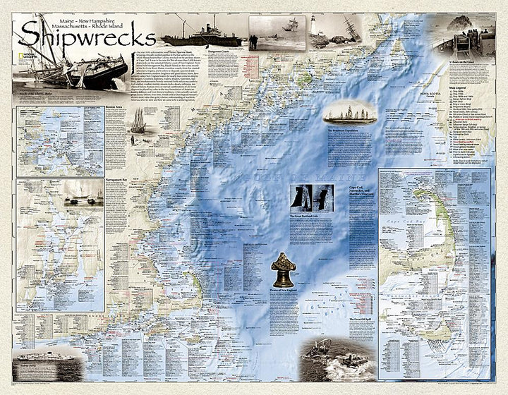 Carte murale (en anglais) - Naufrages de bateaux dans le nord-est américain | National Geographic carte murale petit tube National Geographic Papier 