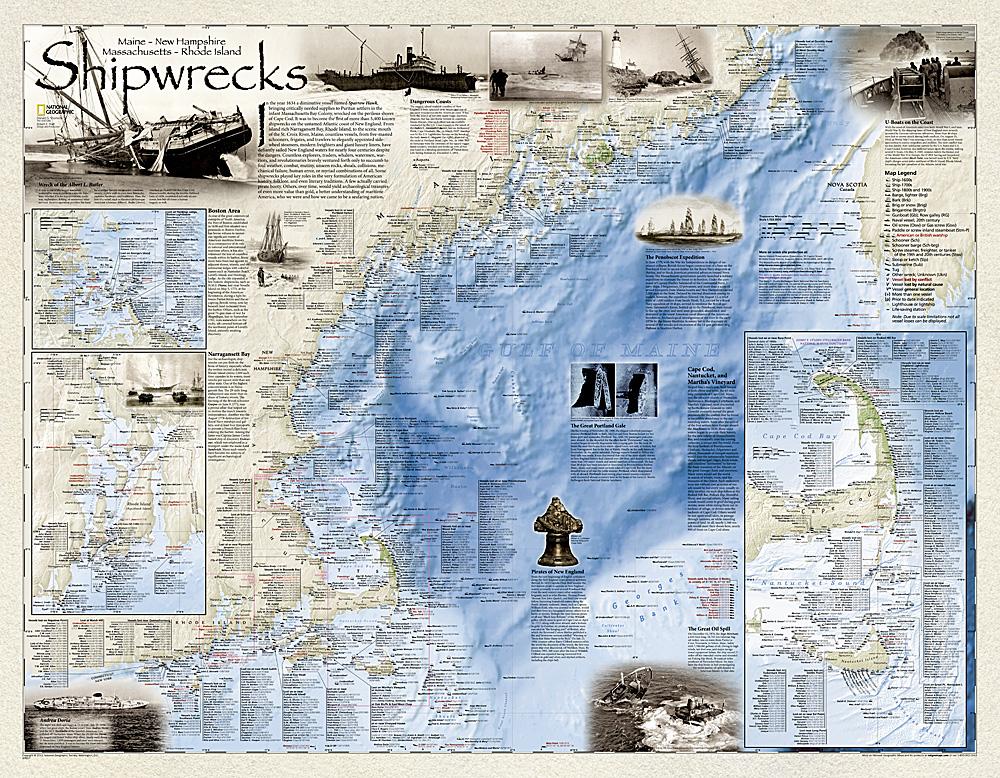 Carte murale (en anglais) - Naufrages de bateaux dans le nord-est américain | National Geographic carte murale petit tube National Geographic Plastifiée 