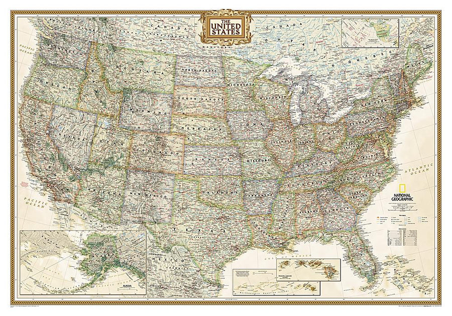Carte murale (en anglais) - USA politique, style antique, format standard | National Geographic carte murale petit tube National Geographic Papier 