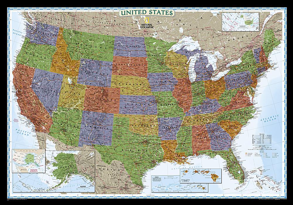 Carte murale (en anglais) - USA politique, style décoratif, format standard | National Geographic carte murale petit tube National Geographic Papier 