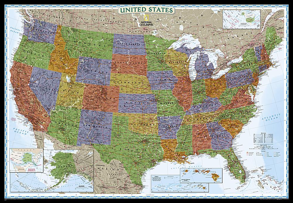 Carte murale (en anglais) - USA politique, style décoratif, grand format | National Geographic carte murale grand tube National Geographic Papier 