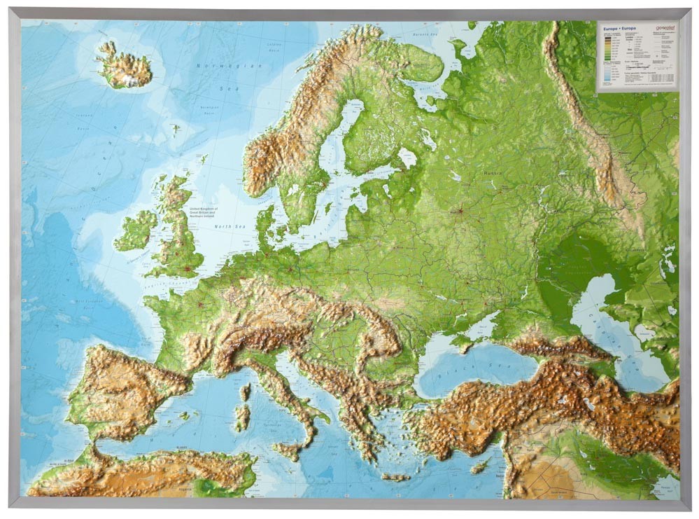 Carte murale en relief - Europe (en anglais) - 77 x 57 cm | Georelief carte relief Georelief Avec cadre alu 