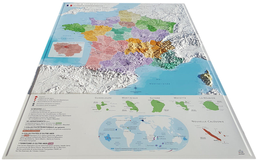 Carte murale en relief - France Administrative - 61 cm x 88 cm | 3D Map carte relief 3D Map 