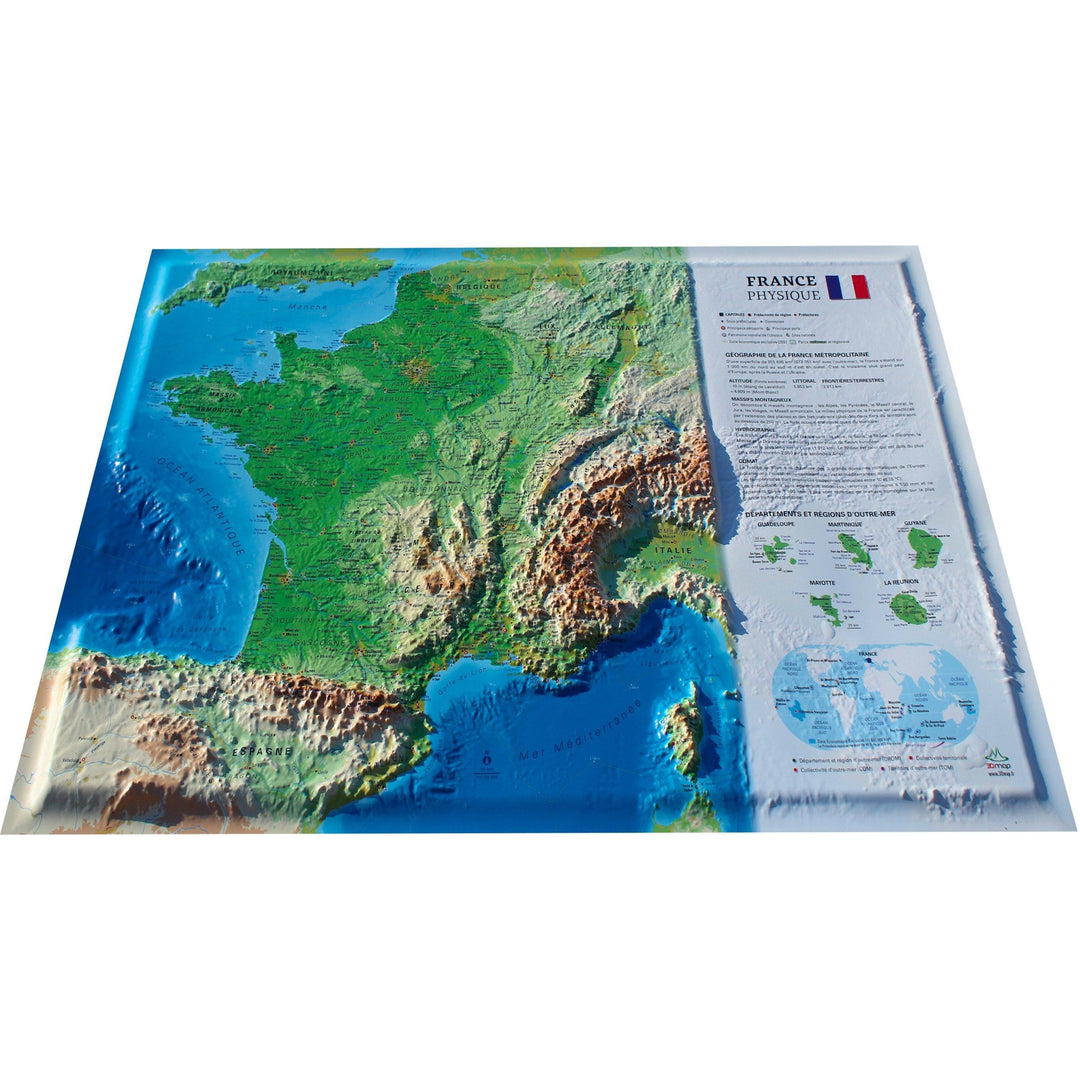 Carte murale en relief - France physique et ses fonds marins - 41 cm x 61 cm | 3D Map carte relief 3D Map 