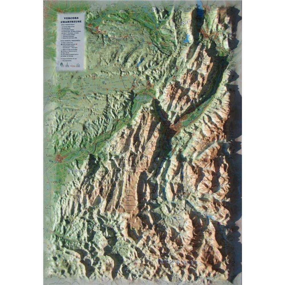 Carte murale en relief - Parc naturels régionaux du Vercors et de la Charteuse - 41 cm x 61 cm | 3D Map carte relief 3D Map 