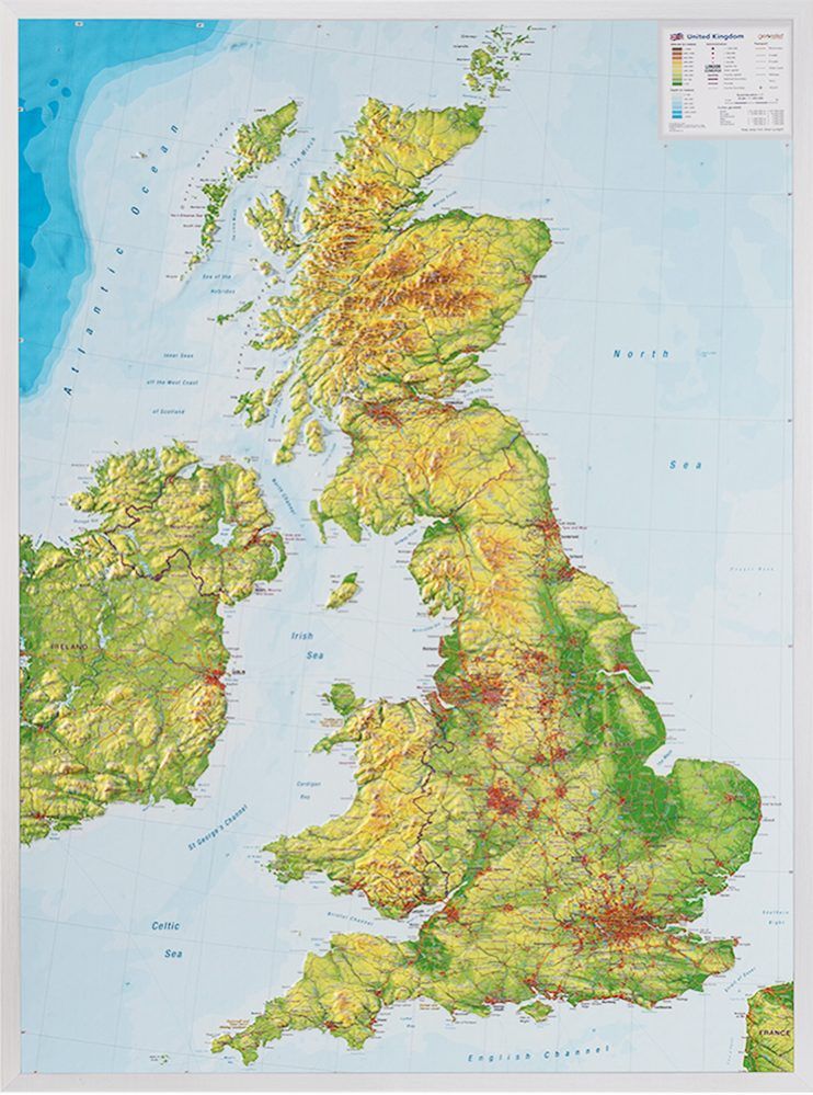 Carte murale en relief - Royaume Uni (en anglais) - 77 x 57 cm | Georelief carte relief Georelief Avec cadre alu 