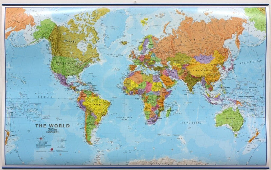 Carte murale plastifiée (en anglais) - Monde politique (sans drapeaux), avec lattes de maintien | Maps International carte murale grand tube Maps International 136 x 86 cm (1/30 M) 
