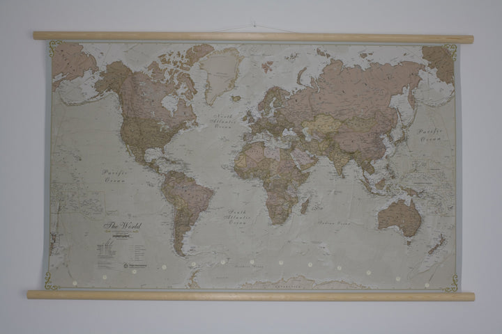 Carte murale plastifiée (en anglais) - Monde, style antique - 136 x 84 cm, avec lattes de maintien en bois | Maps International carte murale grand tube Maps International 