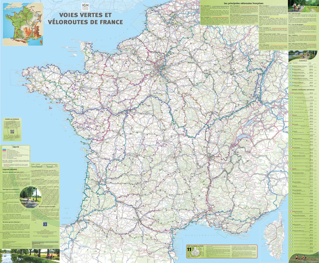 Carte murale plastifiée - Voies vertes et véloroutes de la France | IGN carte murale petit tube IGN 