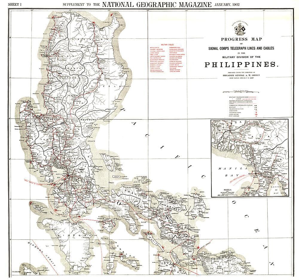1902 Philippines Military Telegraph Lines North Map Wall Map 