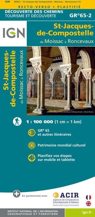 Carte plastifiée - St Jacques de Compostelle -  De Moissac à Roncevaux (GR 65 -2) | IGN - La Compagnie des Cartes