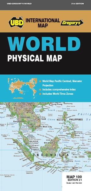 Carte pliée - Monde physique (en anglais) centré sur le pacifique, n° 100 | UBD Gregory's carte pliée UBD Gregory's 