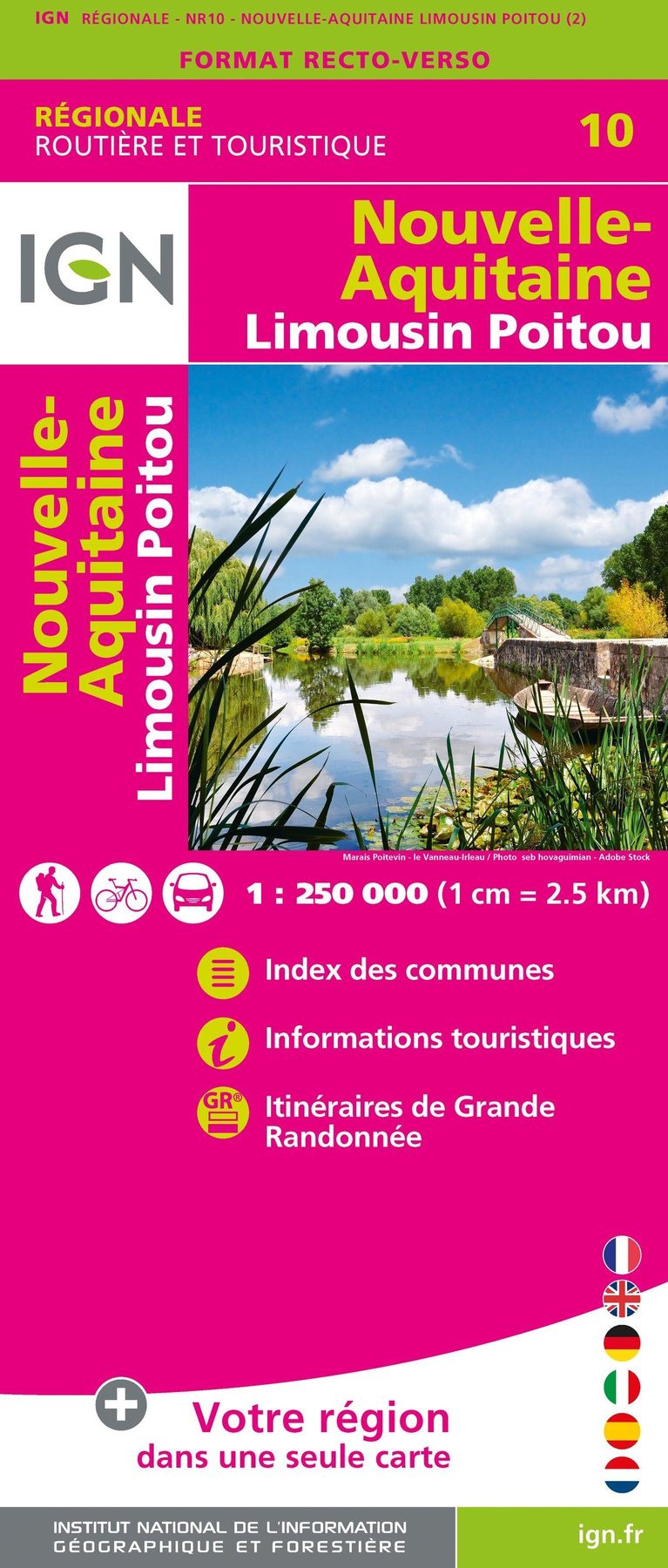 Carte régionale n° 10 : Nouvelle Aquitaine (Limousin, Poitou) - VERSION MURALE ET PLASTIFIEE | IGN carte murale grand tube IGN 