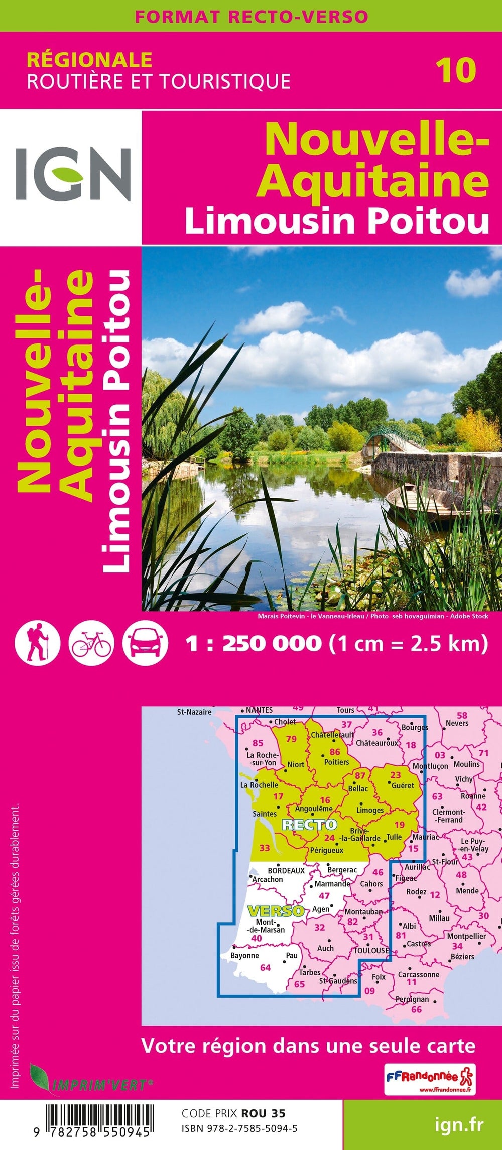 Carte régionale n° 10 : Nouvelle Aquitaine - VERSION MURALE ET PLASTIFIEE (recto-verso)| IGN carte murale grand tube IGN 