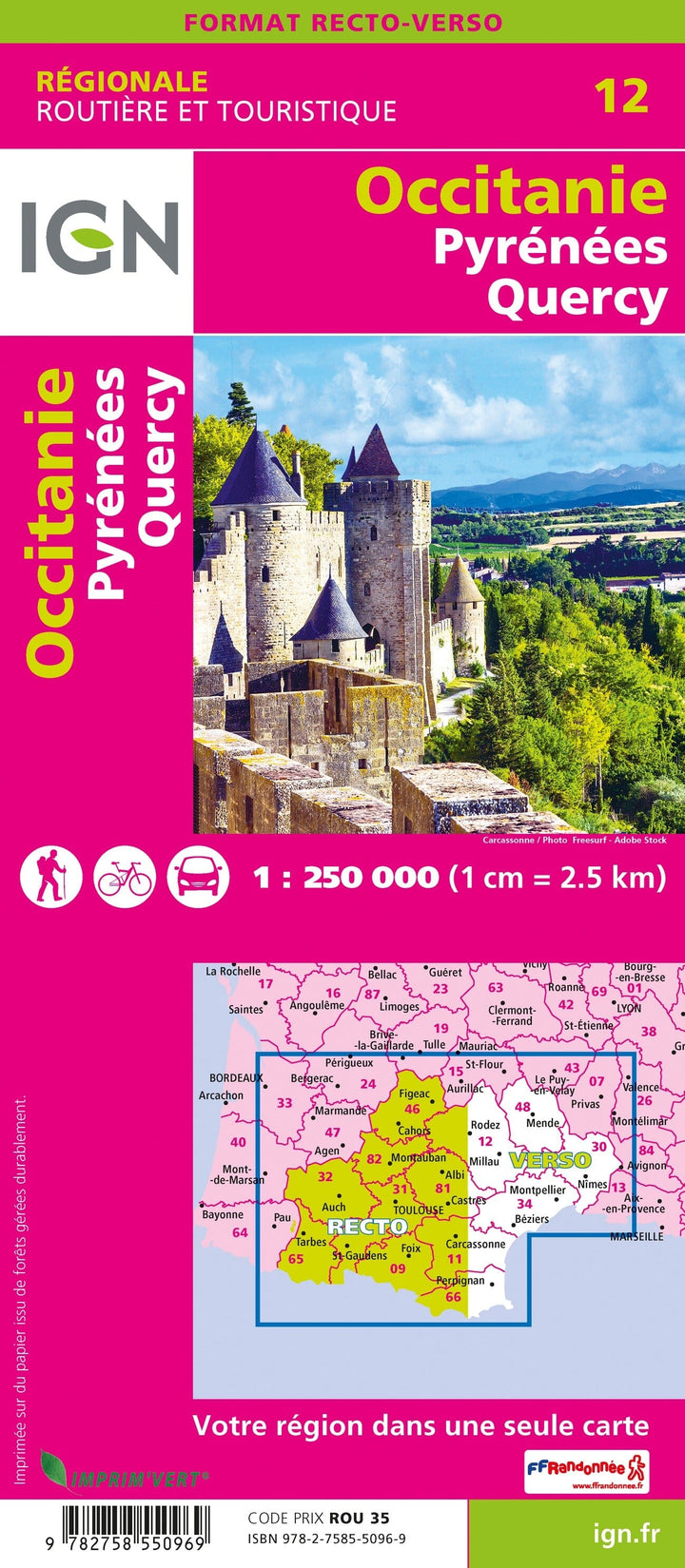 Carte régionale n° 12 : Occitanie - VERSION MURALE ET PLASTIFIEE (recto-verso) | IGN carte murale grand tube IGN 