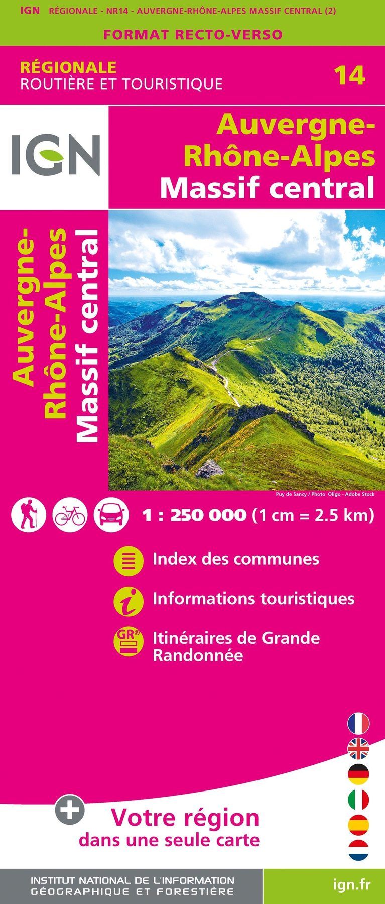 Carte régionale n° 14 : Auvergne - Rhône Alpes (Massif Central) VERSION MURALE ET PLASTIFIEE | IGN carte murale grand tube IGN 