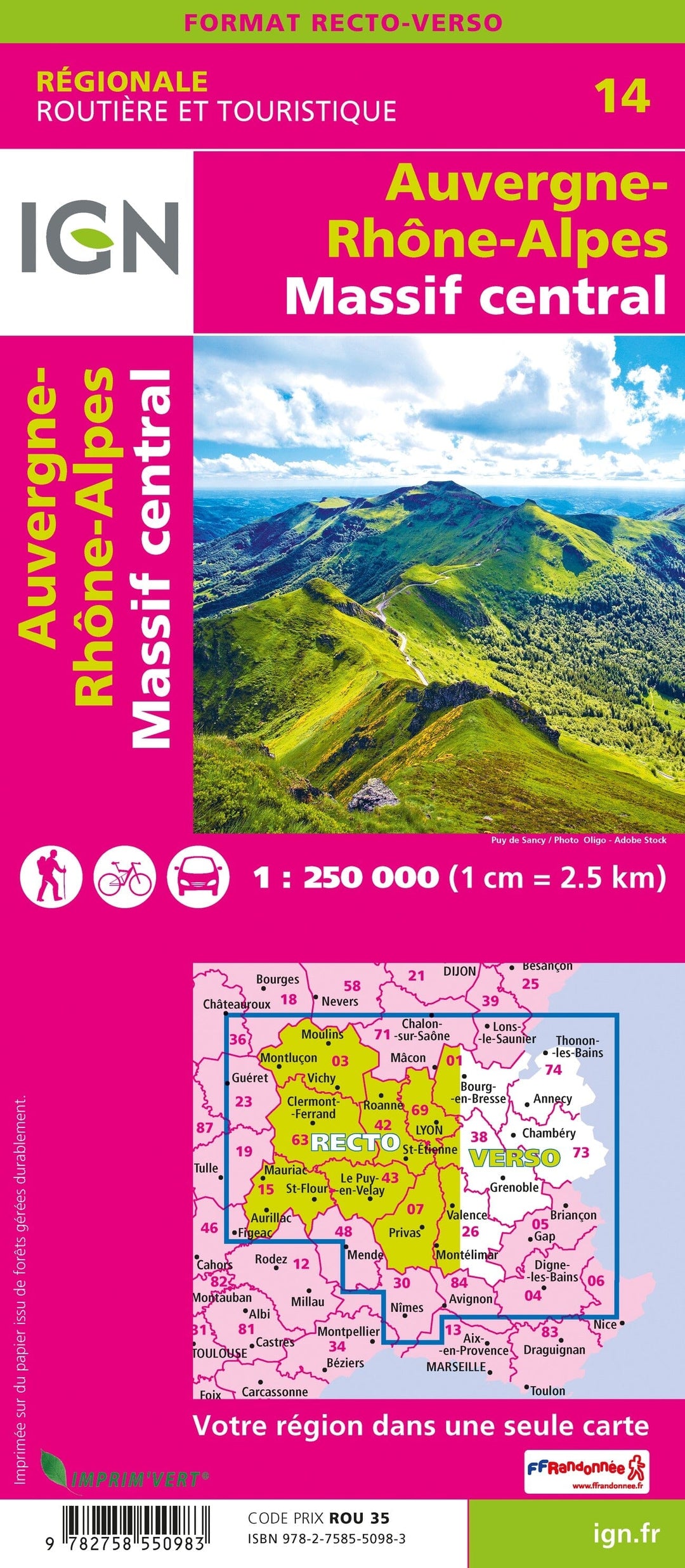 Carte régionale n° 14 : Auvergne Rhône Alpes - VERSION MURALE ET PLASTIFIEE (recto-verso) | IGN carte murale grand tube IGN 