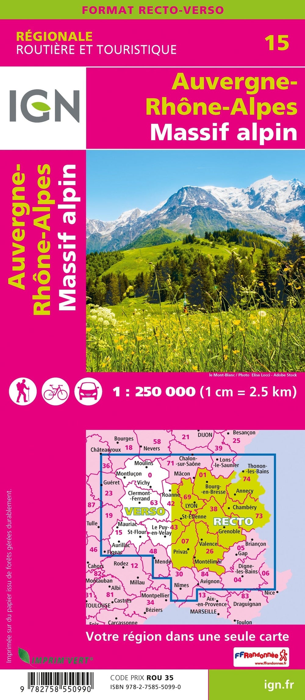 Carte régionale n° 15 : Auvergne-Rhône-Alpes - VERSION MURALE ET PLASTIFIEE | IGN carte murale grand tube IGN 