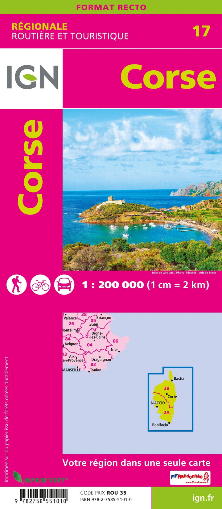 Carte régionale n° 17 : Corse - VERSION MURALE ET PLASTIFIEE | IGN carte murale grand tube IGN 