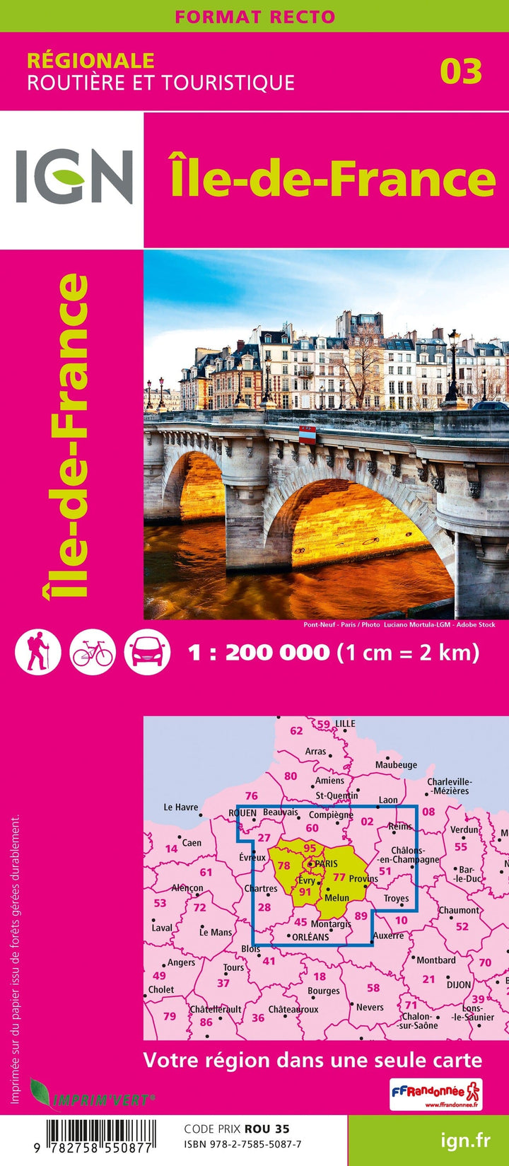 Carte régionale n° 3 : Ile de France - VERSION MURALE ET PLASTIFIEE | IGN carte murale grand tube IGN 