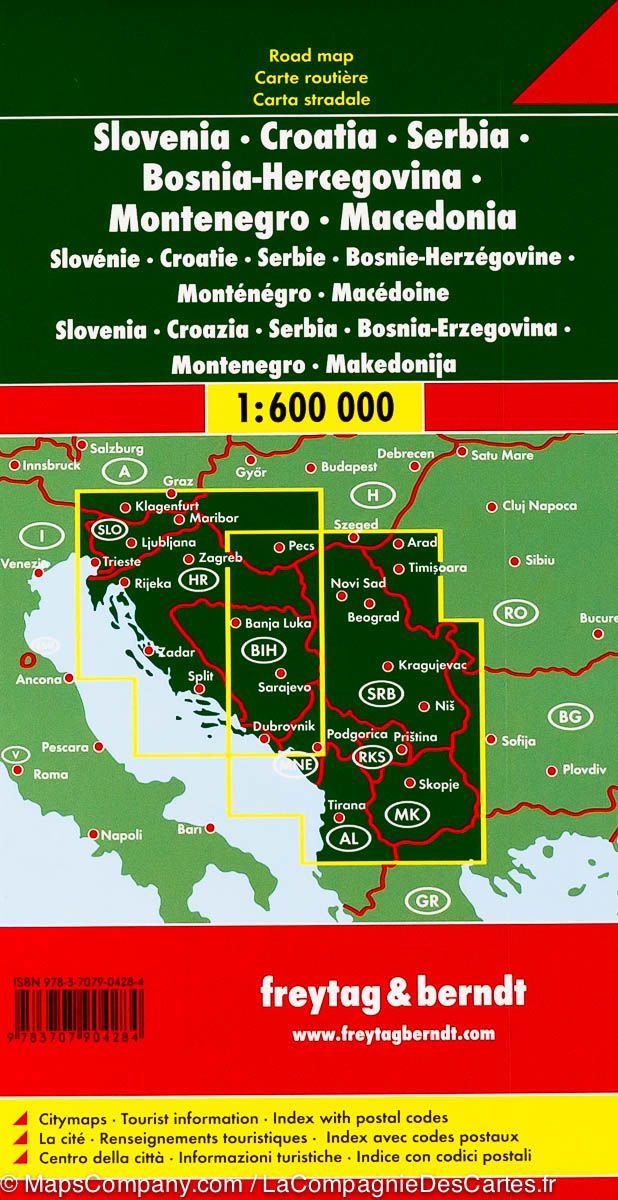 Carte routière - Balkans : Slovénie, Croatie, Serbie, Bosnie, Macédoine, Kosovo, Monténégro | Freytag & Berndt carte pliée Freytag & Berndt 