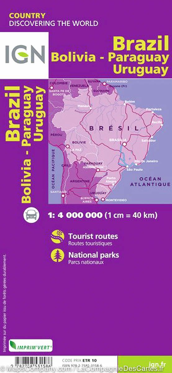 Carte routière - Brésil, Bolivie, Paraguay & Uruguay | IGN carte pliée IGN 