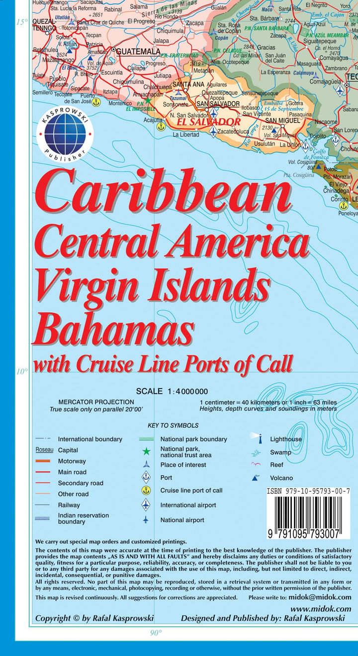 Carte routière - Caraïbes (incluant l'Amérique Centrale, Iles Vierges & Bahamas) | Kasprowski carte pliée Kasprowski 