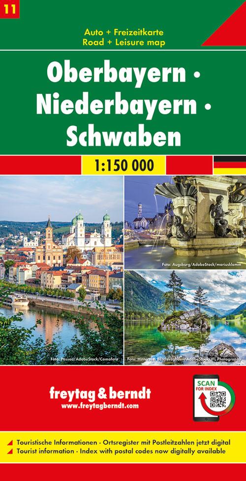 Carte routière - Haute-Bavière, Basse-Bavière, Schwabe (Allemagne), n° 11 | Freytag & Berndt - 1/150 000 carte pliée Freytag & Berndt 