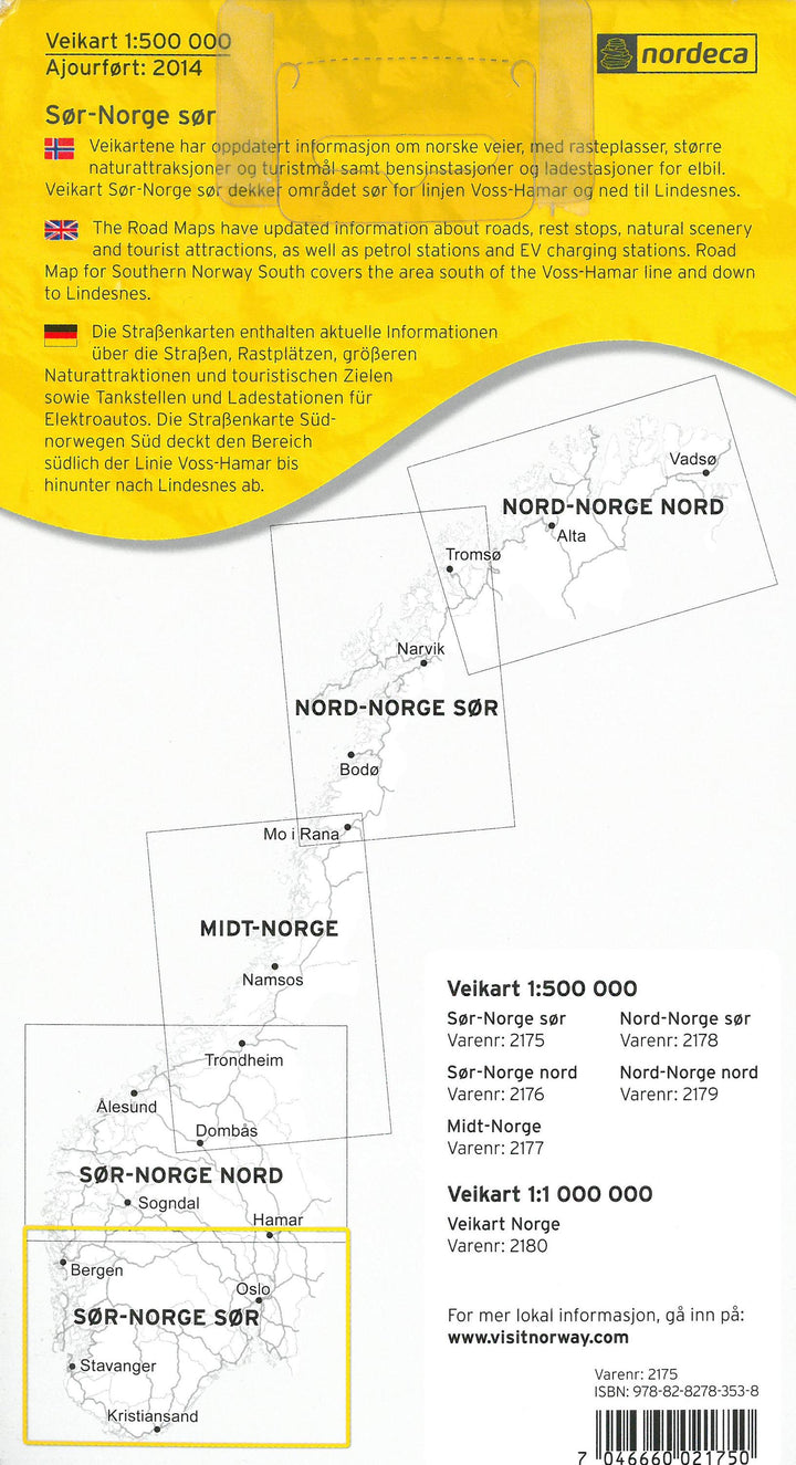 Carte routière n° 2175 - Norvège Sud (partie Sud) | Nordeca - Veikart carte pliée Nordeca 