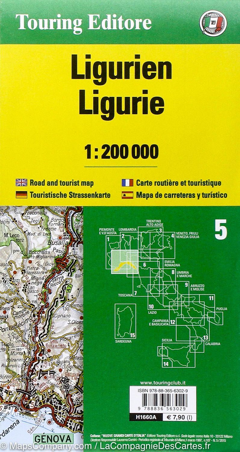Carte routière n° 5 - Ligurie (région de Turin & Gênes, Italie) | Touring Club Italiano-1/200 000 carte pliée Touring 