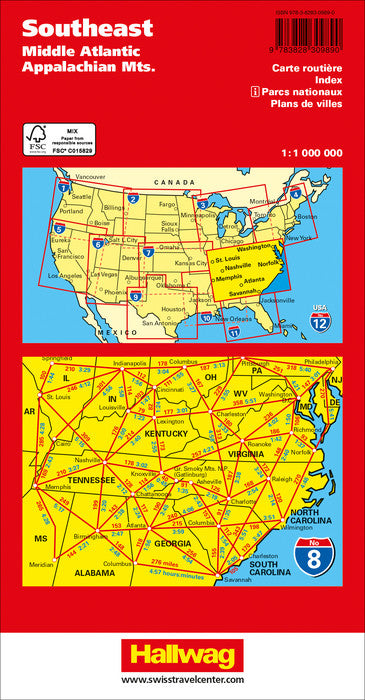 Carte routière n° 8 - USA Sud-Est (MidAtlantic, Appalaches) | Hallwag carte pliée Hallwag 