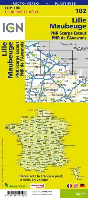 Carte TOP 100 n° 102 - Lille, Maubeuge, PNR Scarpe-Escaut, PNR de l'Avesnois | IGN carte pliée IGN 