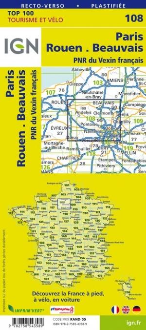 Carte TOP 100 n° 108 - Paris, Rouen, Beauvais, PNR du Vexin français | IGN carte pliée IGN 