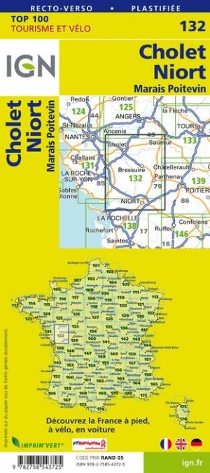 Carte TOP 100 n° 132 - Cholet, Niort & Marais Poitevin | IGN carte pliée IGN 