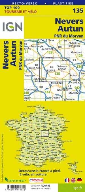 Carte TOP 100 n° 135 - Nevers, Autun & PNR du Morvan | IGN carte pliée IGN 
