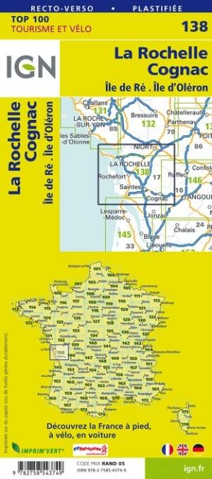 Carte TOP 100 n° 138 - La Rochelle, Cognac, Ile de Ré et d'Oléron | IGN carte pliée IGN 