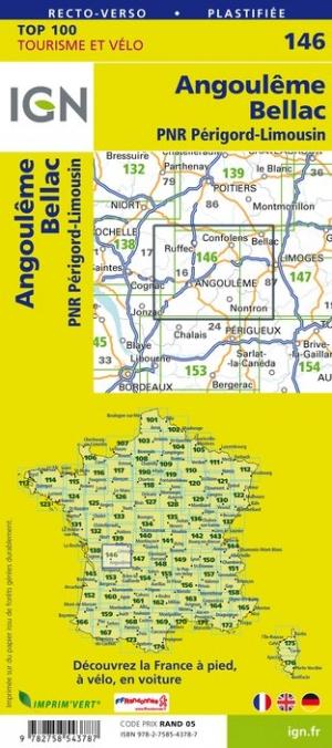 Carte TOP 100 n° 146 - Angoulême, Bellac, PNR Périgord-Limousin | IGN carte pliée IGN 