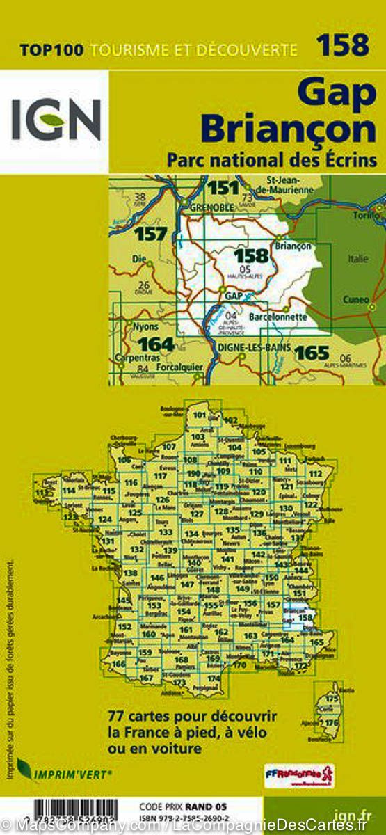 Carte IGN TOP 100 n° 158 - Gap, Briançon & Parc National des Ecrins - La Compagnie des Cartes