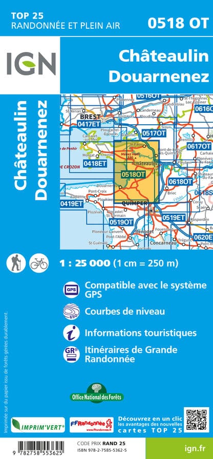 Carte TOP 25 n° 0518 OT - Châteaulin, Douarnenez | IGN carte pliée IGN 