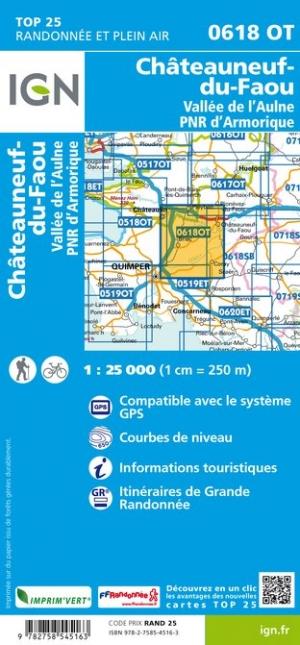 Carte TOP 25 n° 0618 OT - Châteauneuf-du-Faou, Vallée de l'Aulne, PNR d'Armorique | IGN carte pliée IGN 