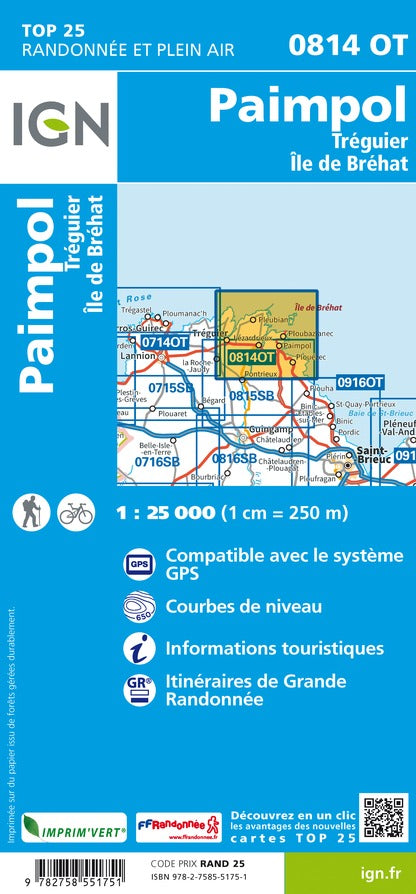 Carte TOP 25 n° 0814 OT - Paimpol, Tréguier, Ile de Bréhat | IGN carte pliée IGN 