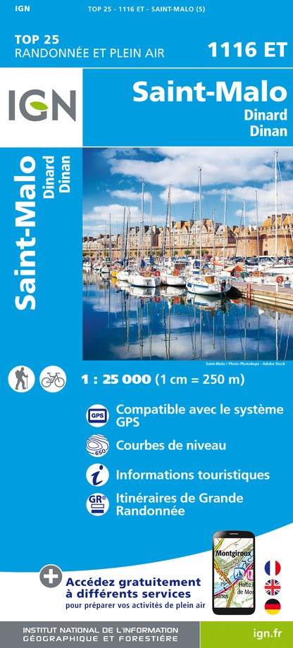 Carte TOP 25 n° 1116 ET - Saint-Malo, Dinard, Dinan | IGN carte pliée IGN 