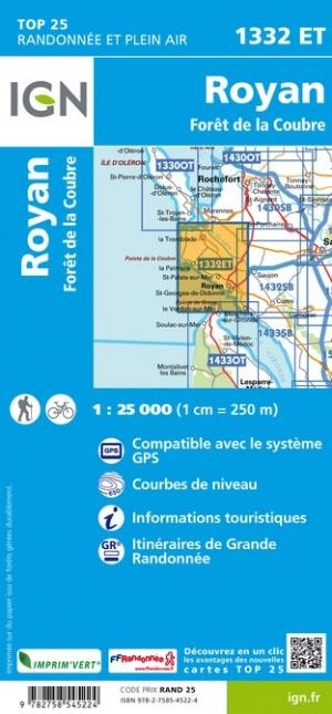 Carte TOP 25 n° 1332 ET - Royan, Forêt de la Coubre | IGN carte pliée IGN 