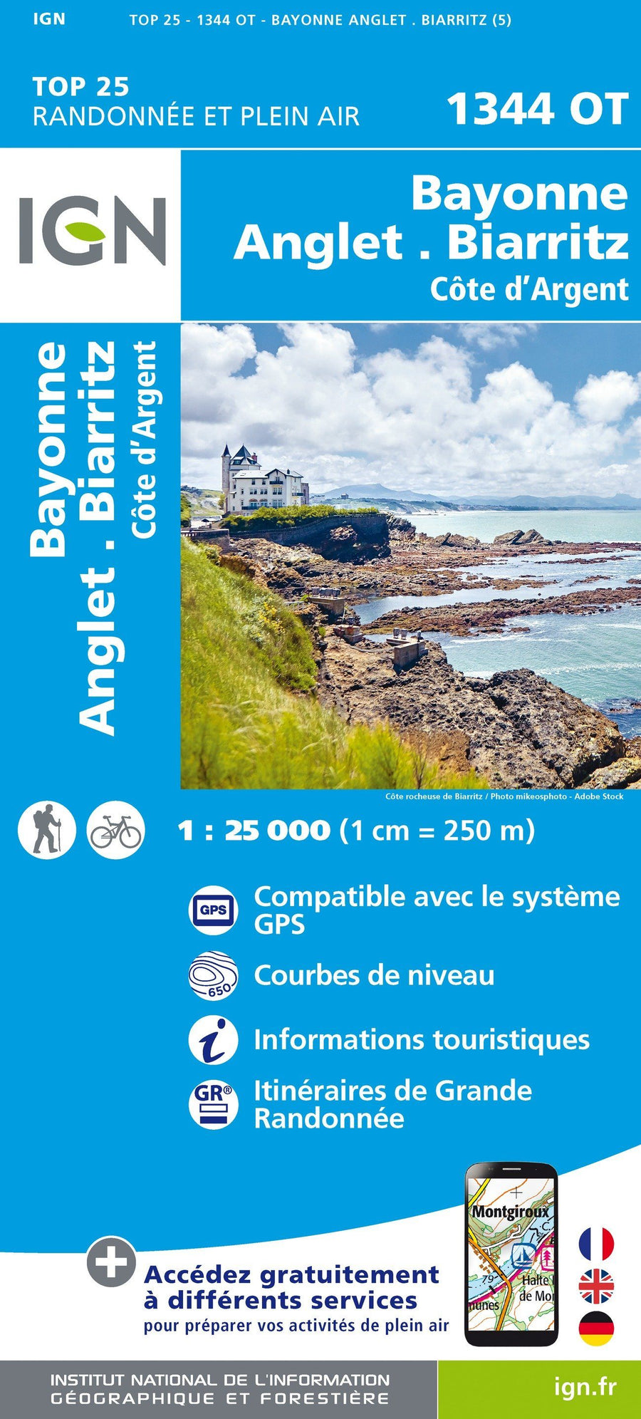 Carte TOP 25 n° 1344 OT - Bayonne, Anglet, Biarritz, Côte d'Argent | IGN carte pliée IGN 