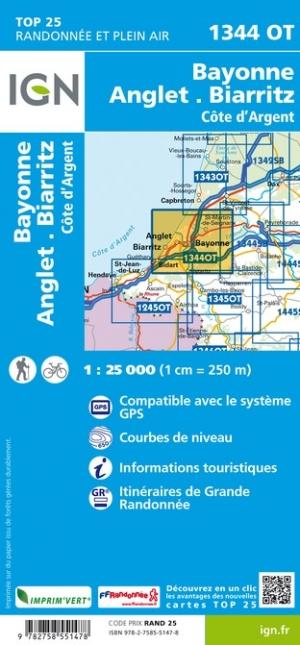 Carte TOP 25 n° 1344 OT - Bayonne, Anglet, Biarritz, Côte d'Argent | IGN carte pliée IGN 