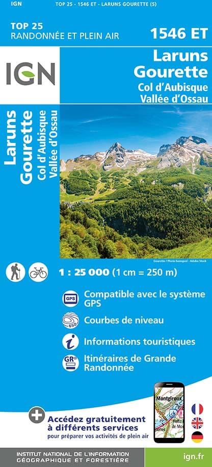 Carte TOP 25 n° 1546 ET - Laruns, Gourette (Vallée d'Ossau, Pyrénées) | IGN carte pliée IGN 2023 