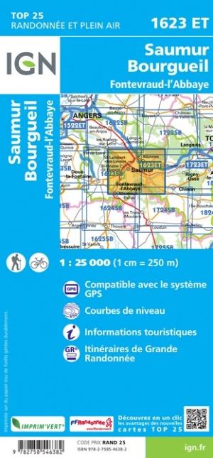 Carte TOP 25 n° 1623 ET - Saumur, Bourgueil, Fontevraud-l'Abbaye | IGN carte pliée IGN 