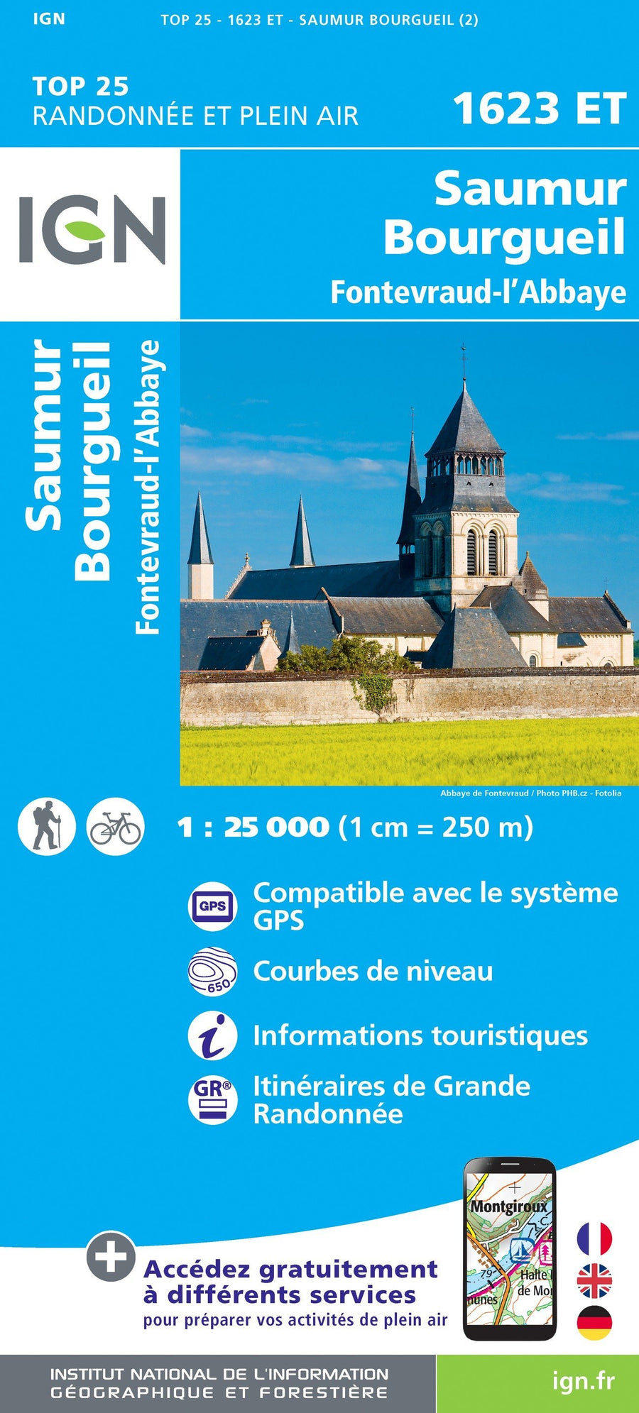 Carte TOP 25 n° 1623 ET - Saumur, Bourgueil, Fontevraud-l'Abbaye | IGN carte pliée IGN 