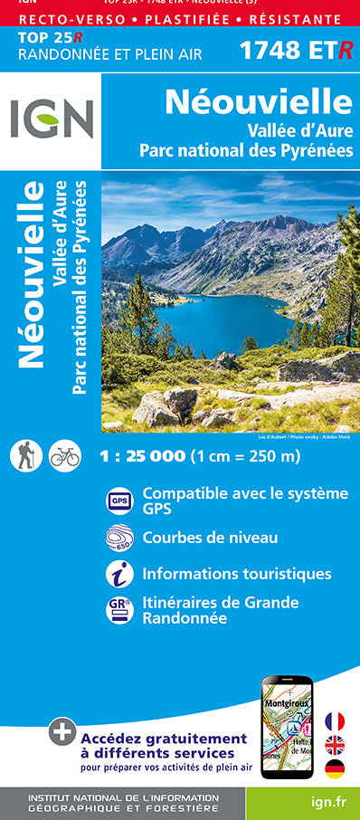 Carte TOP 25 n° 1748 ETR (résistante) - Néouvielle, Vallée d'Aure & PN des Pyrénées | IGN carte pliée IGN 2022 