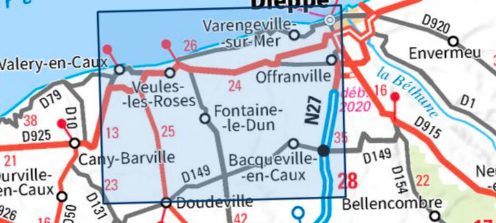 Carte TOP 25 n° 1909 OT - St-Valery-en-Caux, Veules-les-Roses | IGN carte pliée IGN 